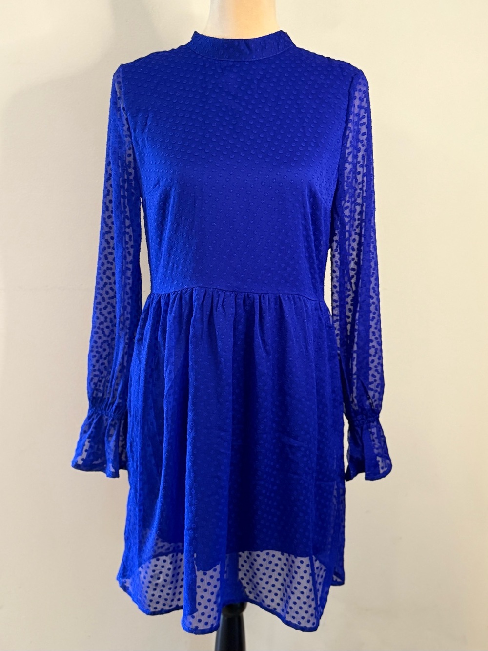 Esley Swiss dot vibrant blue midi dress long semi sheer sleeves SZ SM